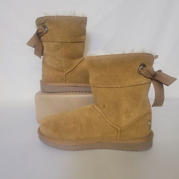 Koolaburra By Ugg Size 1 Bow Brown Suede Fur Kids Pull On Boots - Picture 1 of 7